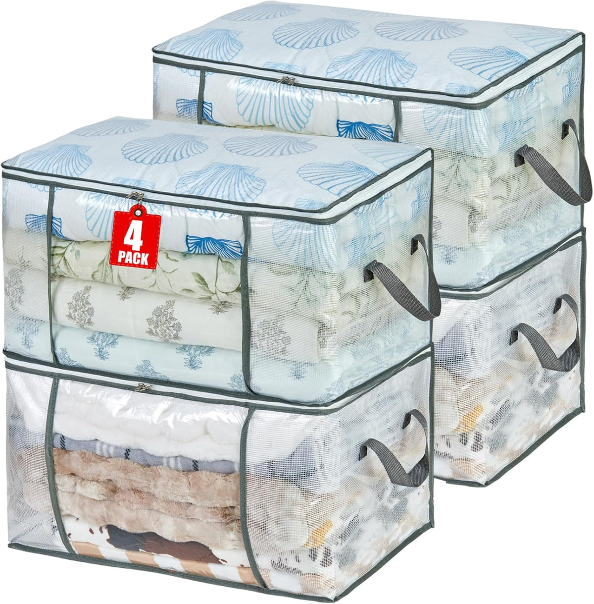 80L Clear Large Storage Bag, Clothes Storage Containers for Organizing Closet, Bedroom, Underbed, Comforters, Clothing, Blankets, Pillow, Foldable Organizer with Sturdy Handle and Zippers (4)