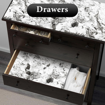 Drawer and Shelf Liner for Kitchen Cabinet: 12 in X 20 Ft Non Slip Waterproof Shelf Paper Non Adhesive Refrigerator Liners Grey and White Marble Easy Liners for Bathroom with Knife Tape Measure