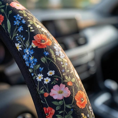 Wildflower Car Steering Wheel Cover - Multicolor Wildflower Steering Wheel Cover Anti-Slip Breathable Universal for 15 Inch Car 2 Pieces Coasters Suitable for Men Women