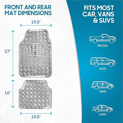 BDK Metallic Chrome Car Floor Mats All-Weather Universal Fit Automotive Floor Mats for Cars SUVs, Floor Mats for Trucks, Car Mats Full Set Front & Rear, Non-Slip Backing - Silver