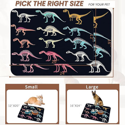 Dinosaur Skeleton Dog Cat Food Mat,Vintage Color Absorbent Pet Feeding Mat with Rubber Backing,Non-Slip Water Bowl Placemat,Indoor Pet Accessories Supplies 12"x20"