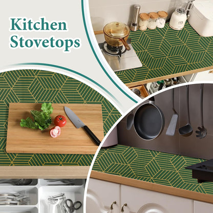 Shelf Liners for Kitchen Cabinets 17.5in x 20FT, Non Adhesive Cabinet Liner Strong Non-Slip Thickened Gold Green Geometric Drawer Liner, Easy to Clean for Shelf, Cabinet with Knife and Tape Measure