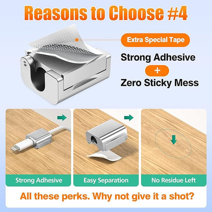 AGVEE 4 Pack Magnetic Cord Organizer Clips, 10mm Ultra-Thin Aluminum Cable Management Holder, 2 Pairs of Strong Magnets Keeper for Home Desk Office Gadgets Accessories, Residue-Free Tape, Silver