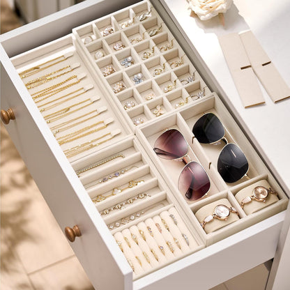 Velvet Jewelry Drawer Organizer Trays – Beige Stackable Jewelry Storage Inserts Set, 4-Layer Jewelry Tray Set for Earrings, Rings, Necklaces, Bracelets with Removable Dividers for Dresser & Vanity