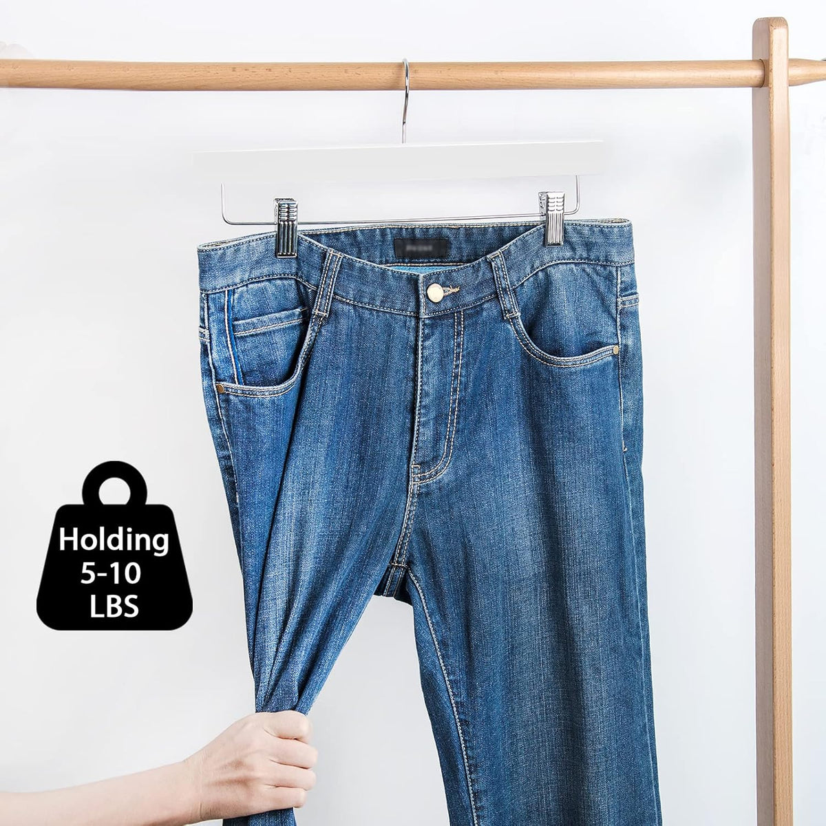 Nature Smile Deluxe Wooden Pants Hangers, Solid Lotus Wood, with Clips, Pack of 28, White