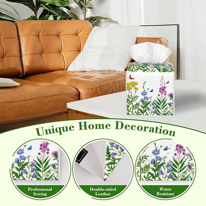 Colorful Flowers and Butterfly Tissue Box Cover,Wildflower Floral Waterproof Leather Square Tissue Box Cover Case Facial Paper Organizer Dispenser Box Holder for Home Office Bathroom Vanity Countertop