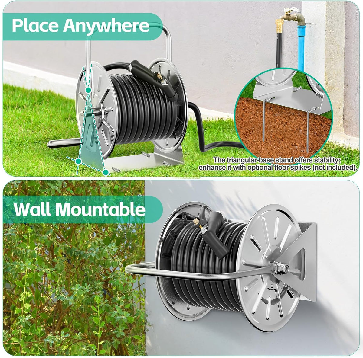 SPECILITE Stainless Steel Garden Hose Reel, Portable Outdoor Metal Wall Mount/Floor Spool, Holds 5/8 Inch 75ft Capacity, with 6ft Leader Water Pipe, UV Resistant Yard, Patio