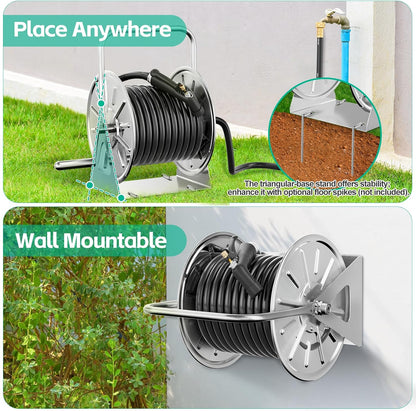 SPECILITE Stainless Steel Garden Hose Reel, Portable Outdoor Metal Wall Mount/Floor Spool, Holds 5/8 Inch 75ft Capacity, with 6ft Leader Water Pipe, UV Resistant Yard, Patio