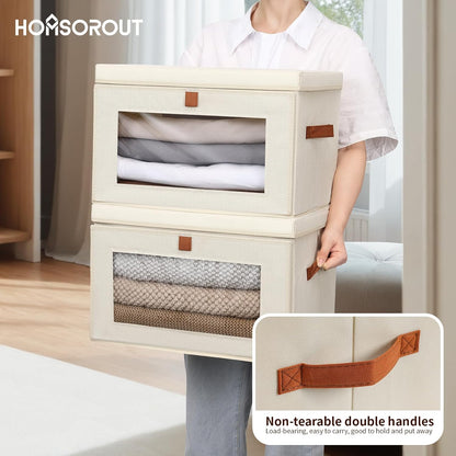 Collapsible Storage Bins - Large Closet Organizer with Handles & Window, Decorative Storage Boxes, Fabric Containers for Living Room, Dorm, 4 Pack, Beige