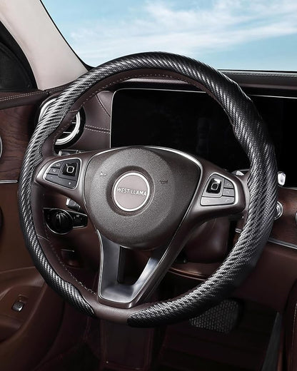 West Llama Carbon Fiber Car Steering Wheel Cove,rThin Steering Wheel Wrap Universal 14.5-15 Inch,Fit Cars,SUVs,Trucks(Black-O-Shaped)