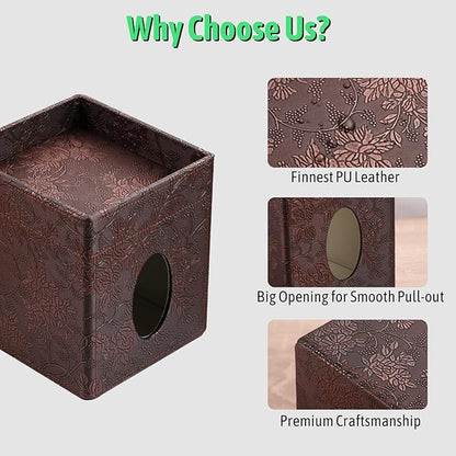 Lorteme Tissue Box Cover, PU Leather Square Tissue Box Holder with Upper Storage Tray for Bathroom/Countertop/Nightstand/Office Table - Antique