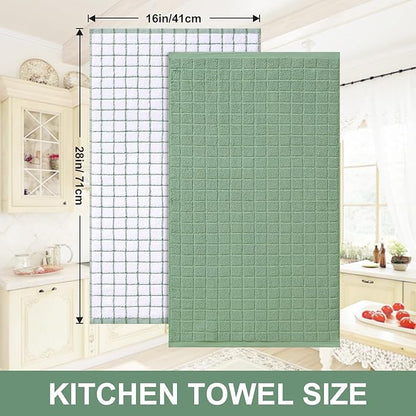 Homaxy Premium Cotton Kitchen Towels 16"x 28", Large Natural Ring Spun 390 GSM Dish Towels, Super Absorbent Terry Kitchen Hand Towels, Soft Tea Towels with Hanging Loop, Grass Green Check, 6 Pack