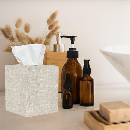 Tissue Box Cover, Cute Beige Linen Fabric Decorative Square Tissue Box Holder/Organizer for Bathroom Vanity Countertop/Office/Nightstand/Desk