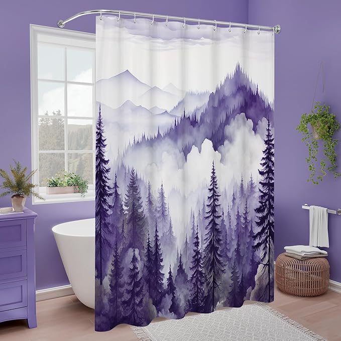 Litabel Purple Long Misty Pine Forest Shower Curtain 72 x 78, Mountain Foggy Woodland Scenery Tree 78 Inch Long Shower Curtains for Bathroom, Abstract Waterproof Nature-Themed Decor