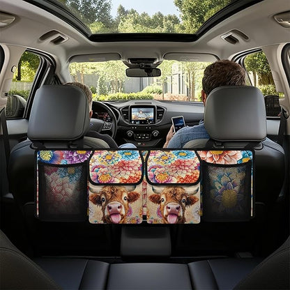 Highland Cow Print Car Trunk Organizer Hanging Car Organizer Back Seat, Hippie Flower Oxford Cloth Seat Back Storage Bag, Will Provide More Space for SUV, Trucks, Van, Sedan