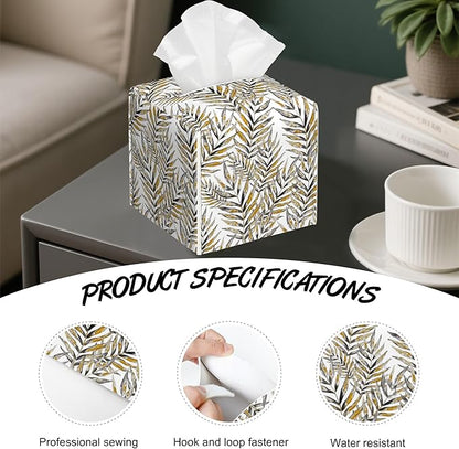 Exotic Palm Leaves Tissue Box Cover,PU Leather Tissue Box Holder Square,Modern Home Decoration for Bathroom Living Room Kitchen Office Car,5.2"×5.2"×5.2"