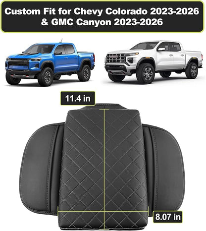 Armrest Cover for Chevy Colorado GMC Canyon 2023 2024 2025 2026 Center Console Pad Accessories Arm Rest Lid with Pockets, Black Faux Leather