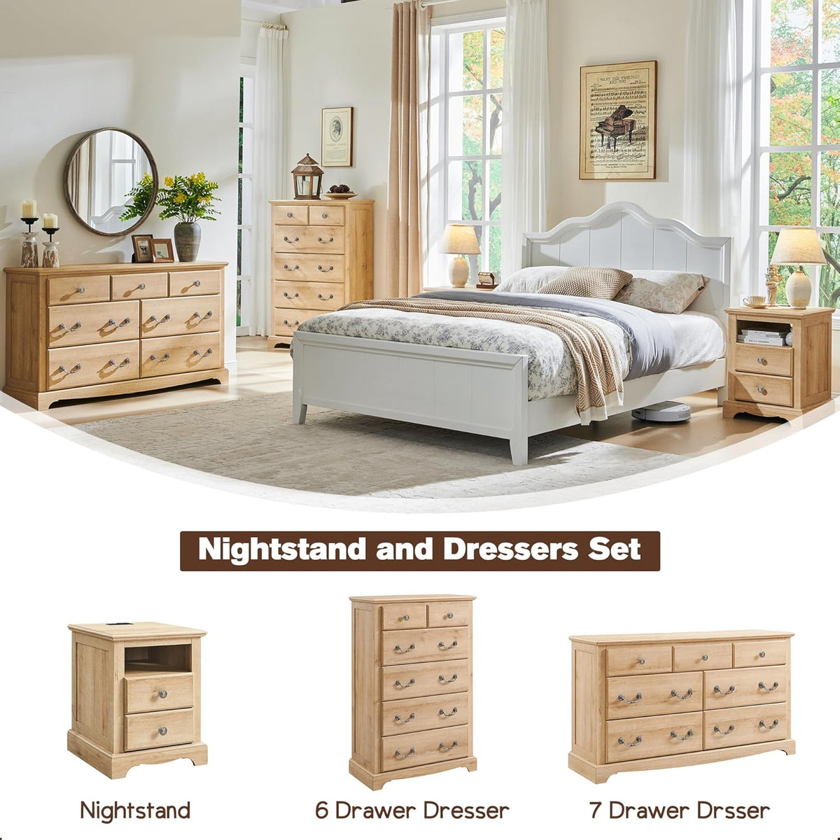 T4TREAM 7 Drawers Dresser Chests for Bedroom, Wood Vintage Chests of Drawers, Rustic Dressers Chset Organizer for Bedroom, Living Room, Hallway, Natural Oak