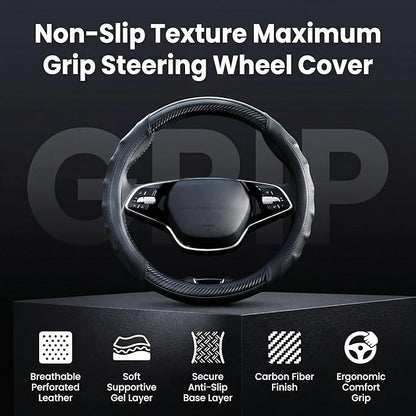 Carbon Fiber Steering Wheel Cover – 15 Inch Universal Fit for Cars & SUVs – Anti-Slip Grip, Breathable Leather Texture, Sporty Carbon Fiber Look – Premium Car Interior Accessories – Black