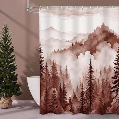 Litabel Burgundy Misty Pine Forest Shower Curtain, Mountain Foggy Woodland Scenery Tree Shower Curtains for Chic Rustic Bathroom, Abstract Modern Waterproof Nature-Themed Decor, 72x72 Inches