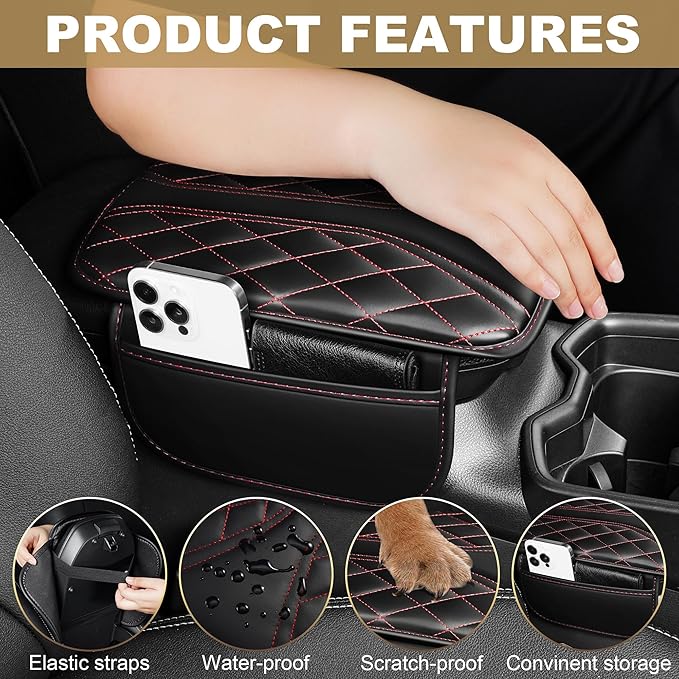 Center Console Cover Fit for Clarity: Scratch and Wear Resistant Console Cover Leather with 2 Storage Bags -Upgraded Armrest Coverfor Car,Anti-Scratch Auto Armrest Pad Accessory （Black&Red