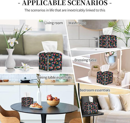 POIUBLE Colorful Flowers and Leaves Tissue Box Cover Leather Tissue Box Holder Square Facial Paper Organizer Dispenser for Bathroom Kitchen Bedroom Vanity Countertop Night Stands