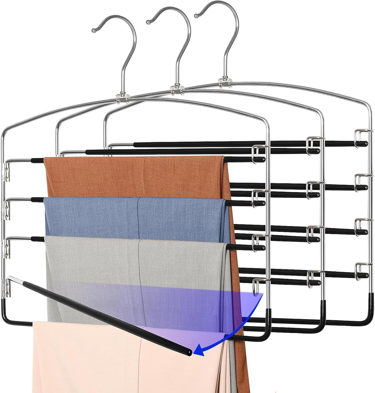 TOPIA HANGER Pant Hangers Space Saving 3 Pack Yoga Pants Leggings Hangers for Closet Non Slip 5 Tier Swing Arm Hanger Organizer for Pants Yoga Pants Leggings Trouser Jeans Slack - CT49B