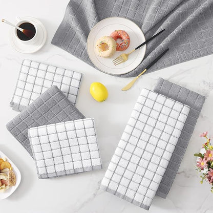 Homaxy Premium Cotton Kitchen Towels 16"x 28", Large Natural Ring Spun 390 GSM Dish Towels, Super Absorbent Terry Kitchen Hand Towels, Soft Tea Towels with Hanging Loop, Light Grey Check, 12 Pack