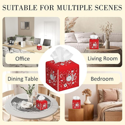 POIUBLE Snowflake Tissue Box Holder Merry Christmas Joy Words Tissue Box Cover Square Leather Tissue Holder Organizer Portable Decorative Facial Paper Case for Home Office Bathroom Vanity Countertop