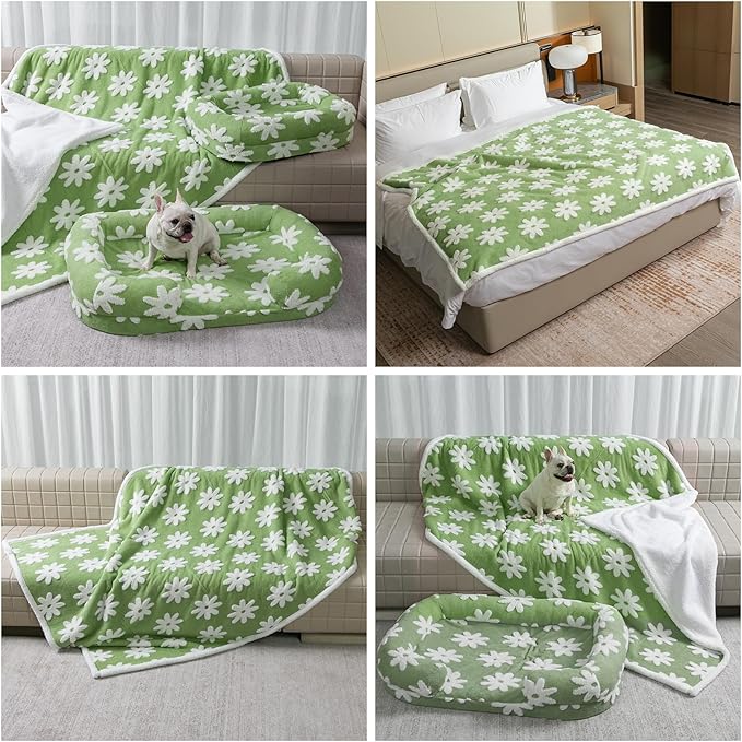 Maidewow Waterproof Pet Blanket,Green Dog Blankets for Bed Covers Couch Sofa Stylish Jacquard Pets Throw Blankets for Puppy Cats Washable Reversible Furniture Protection Covers (Green Flower,M)