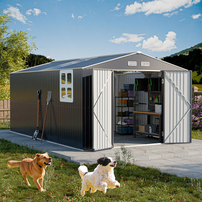 Restland 10x16 FT Outdoor Storage Shed Reinforced Frame Metal Shed with Clear Roof, Air Vent & Lockable Door Large Garden Tool Storage Sheds for Backyard, Garden, Lawn