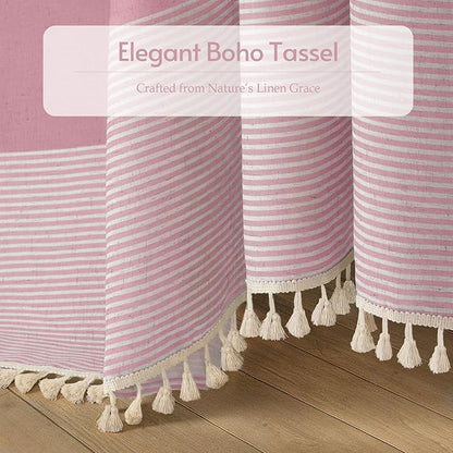 XOGUIBO Pink Shower Curtain Boho Linen Striped Shower Curtains for Bathroom with Tassel 72 X 72