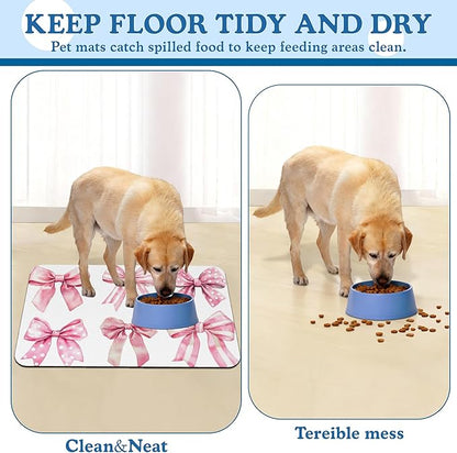 Pink Bows Dog Cat Food Mat–Christmas Stocking Absorbent Waterproof Placemat for Food and Water Bowls, Non Slip Rubber Backing, Feeding Mat for Clean Floors 12"x20"