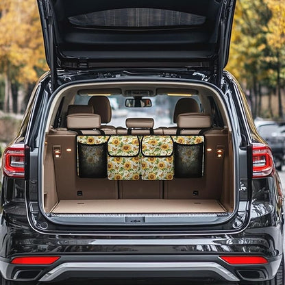 Sunflower Back Trunk Seat Organizer for SUV, Sedan, Van, Oxford Cloth, Equipped with Robust Elastic Net, Hanging Car Storage Organizer with Lids, Easy to Clean & Install In All Vehicles
