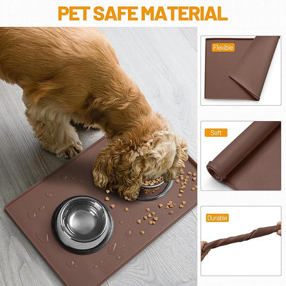 Hubulk Dog Feeding Mat,100% Waterproof Food Grade Silicone Pet Food and Water Bowl Placemat,Dishwasher, High Raised Edge to Prevent Spills,Nonslip Tray to Stop Messes on Floor（28"x18"x0.8", Brown）