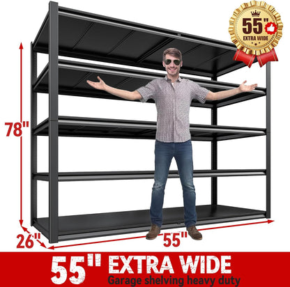 REIBII 78" H Storage Shelves, Garage Shelving Heavy Duty Load 3000LBS, Adjustable Garage Shelving, 5 Tier Metal Shelves Unit for Storage Rack, Basement, 55" W x 26" D x 78" H, Black, 3 Pack