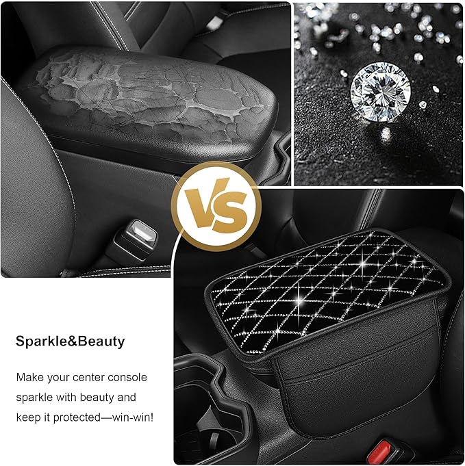 Center Console Cover Fit for Ridgeline: Upgraded Bling Diamond Car Armrest Cover - Crystal Rhinestone Car Center Console Cover with 2 Storage Bags,Anti-Scratch Auto Armrest Pad Accessory （Black)