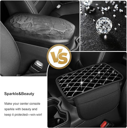 Center Console Cover Fit for Ridgeline: Upgraded Bling Diamond Car Armrest Cover - Crystal Rhinestone Car Center Console Cover with 2 Storage Bags,Anti-Scratch Auto Armrest Pad Accessory （Black)