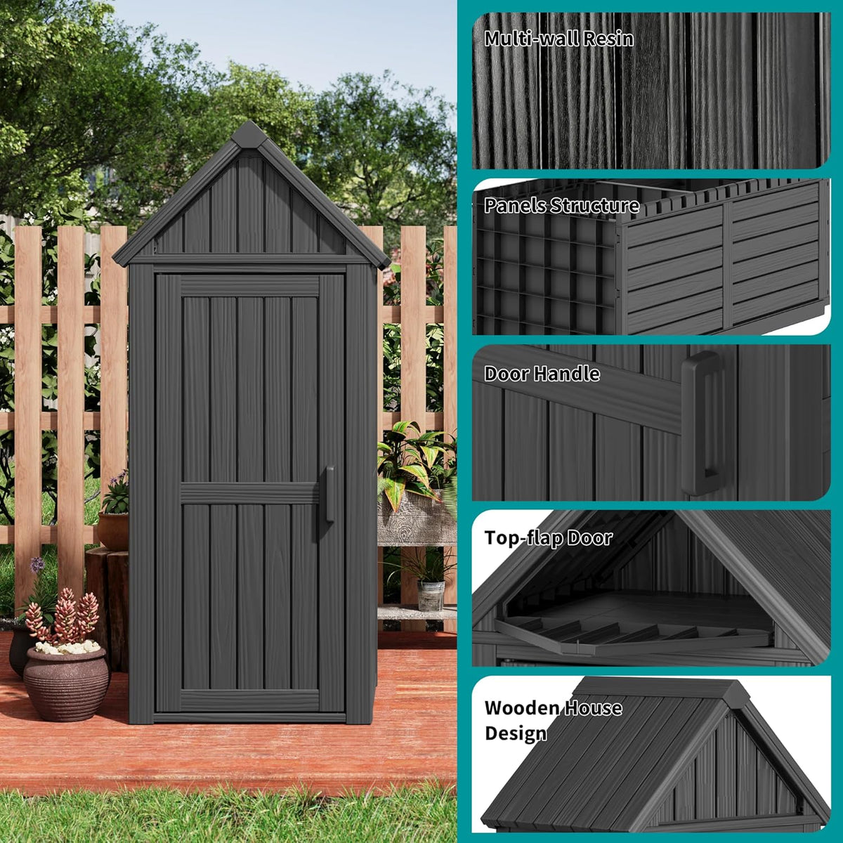 Shed Outdoor Storage Shed with Sloping Roof and Lockable Door, Resin Outdoor Storage Box Cabinet Waterproof and Multiple Hooks for Backyard, Patio, Poolside, Black