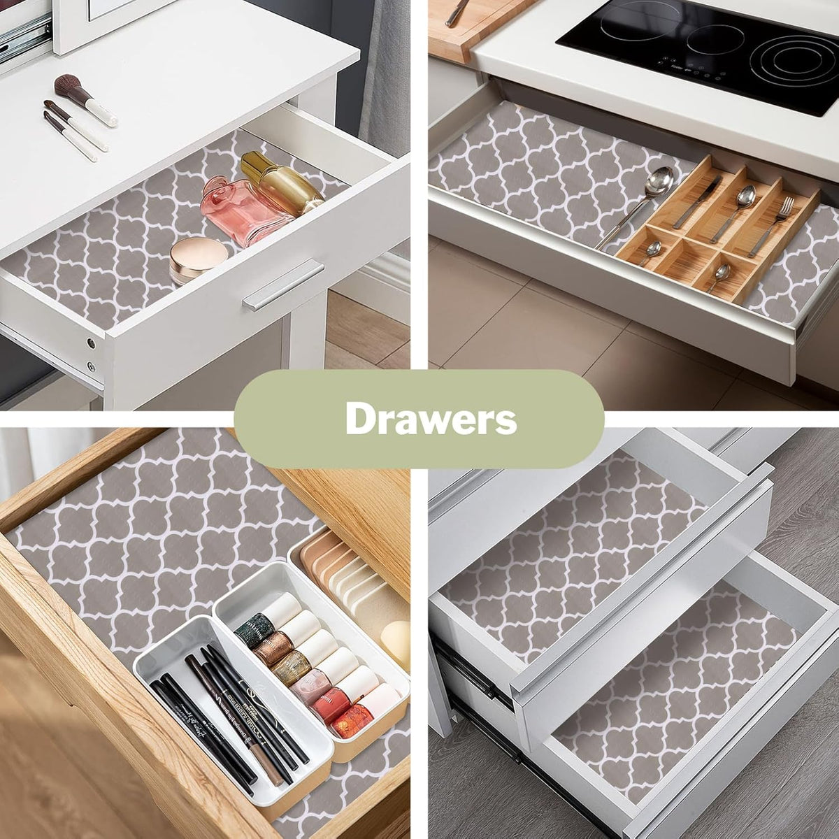 Drawer and Shelf Liner for Kitchen Cabinet: 17 in X 20 Ft Non Slip Waterproof Shelf Paper Non Adhesive Refrigerator Liners Gray Quatrefoil Easy Liners for Bathroom Cupboard with Knife Tape Measure