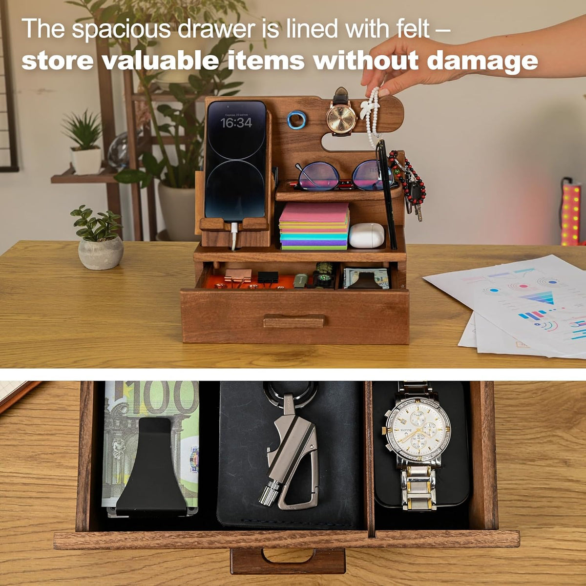 TESLYAR Wood Phone Docking Station with Drawer - Nightstand Organizer - Desk Organizer for Husband - Birthday Gifts for Men, Dad, Anniversary Idea, Key Holder Stand Watch & Accessories (Desert Beige)