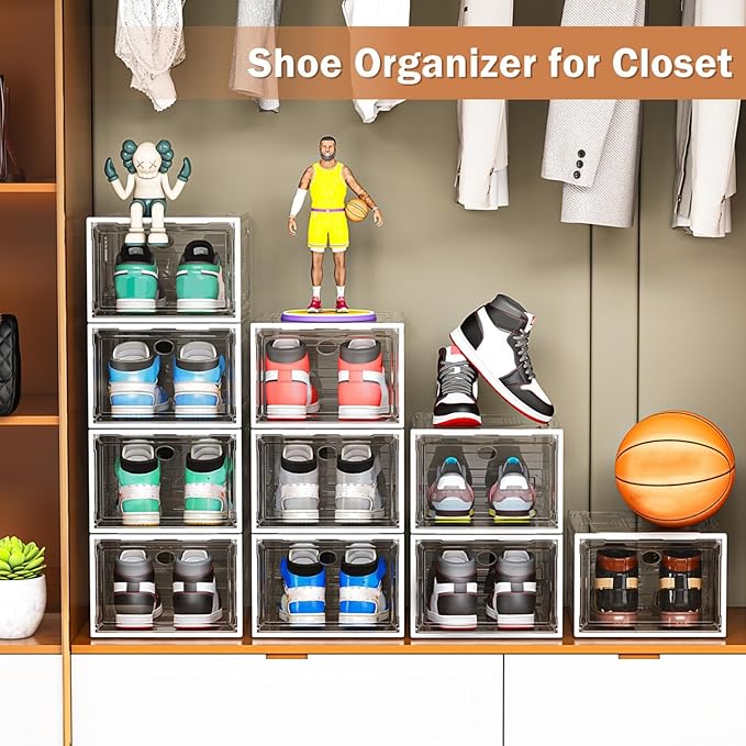 10 Pack Thicken Shoe Organizer Stackable, Upgraded Sturdy Shoe Storage Box