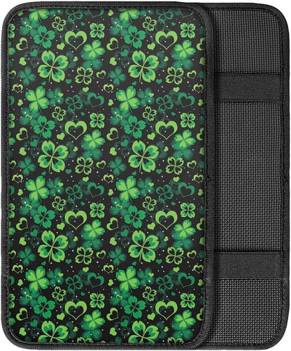 UNICEU St Patrick's Day Decor Automobile Interior Decor Lucky Green Leaf Print Armrest Cover for Women, Soft Car Center Console Armrest Protector Cover Pad