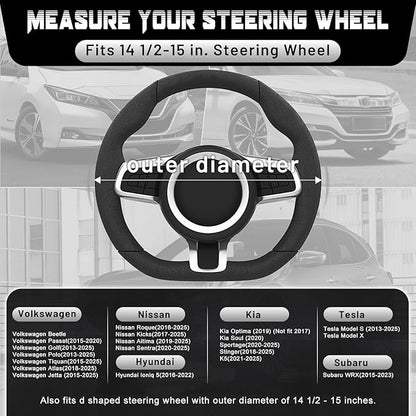 SEG Direct D Shaped Steering Wheel Cover, Flat Bottom Car Wheel Cover 14 1/2-15 in. (37-39 cm), Black and Beige Microfiber Leather
