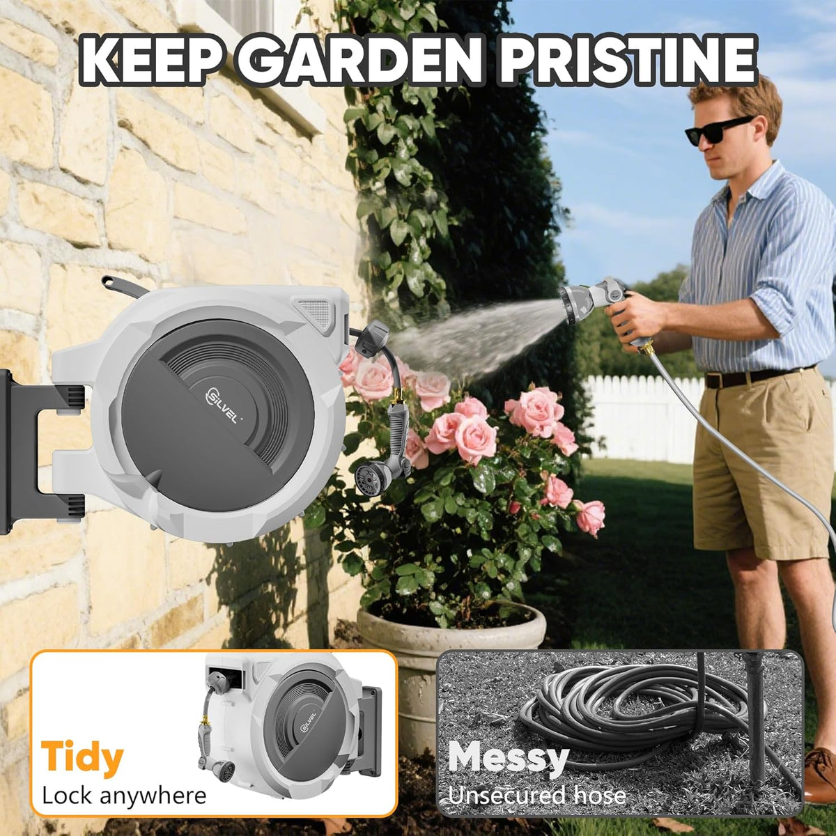 SILVEL Retractable Garden Hose Reel – 5/8 in x 110FT Heavy Duty Automatic Hose Reel Wall Mounted, Upgraded UV Resistant with 10 Pattern Nozzle, Any Length Lock & Slow Return System, 180°Swivel Bracket