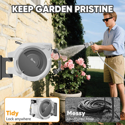 SILVEL Retractable Garden Hose Reel – 5/8 in x 110FT Heavy Duty Automatic Hose Reel Wall Mounted, Upgraded UV Resistant with 10 Pattern Nozzle, Any Length Lock & Slow Return System, 180°Swivel Bracket