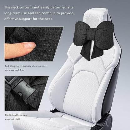 Sun Walker Bow Car Headrest Pillow, Breathable Bow-Shaped Vehicle Neck Pillow with Adjustable Strap, Ergonomic Neck Support Cushion Driving Seat Decoration for Women Girls (Black)