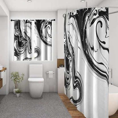 Culudea Marble Vintage Retro Shower Curtain Set, Aqua Gray Abstract Bathroom Window Waffle Cloth Waterproof Shower Curtain Set for Bathroom Decor