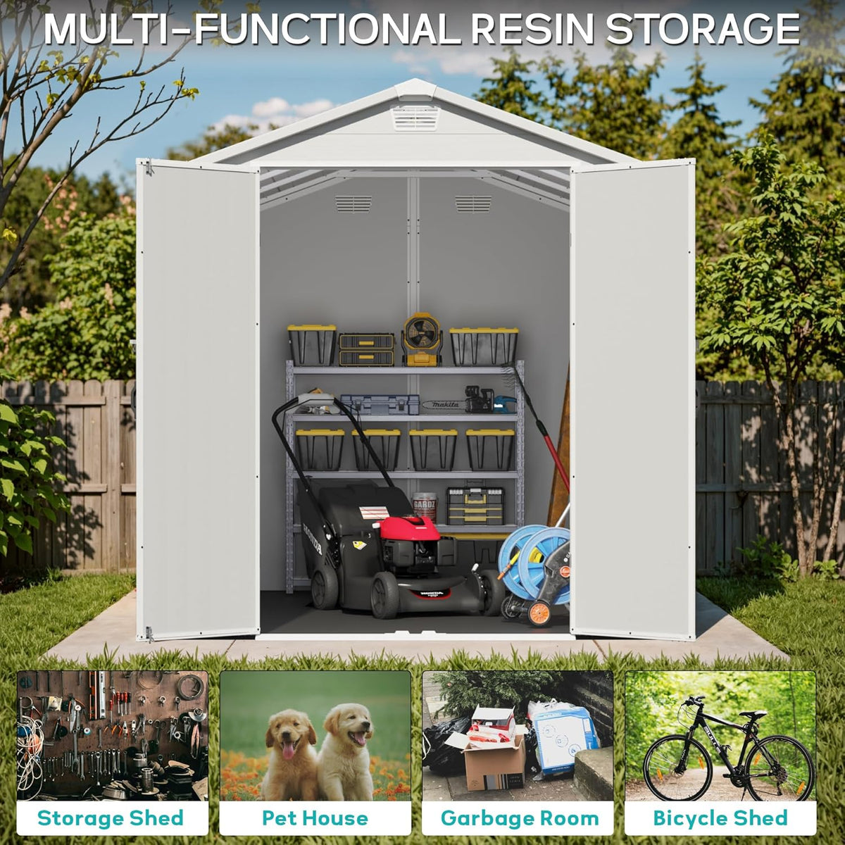 Greesum 6×10FT Plastic Outdoor Storage Shed with Floor, Resin Storaged Sheds with Lockable Double Door, Windows & Vents, All-Weather Tool Sheds for Garden, Backyard, Patio, Light Gray
