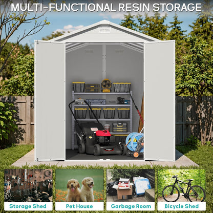 Greesum 6×10FT Plastic Outdoor Storage Shed with Floor, Resin Storaged Sheds with Lockable Double Door, Windows & Vents, All-Weather Tool Sheds for Garden, Backyard, Patio, Light Gray